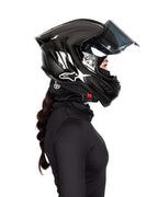 Side view of female rider wearing BRAIDFIT BALACLAVA and motorcycle helmet